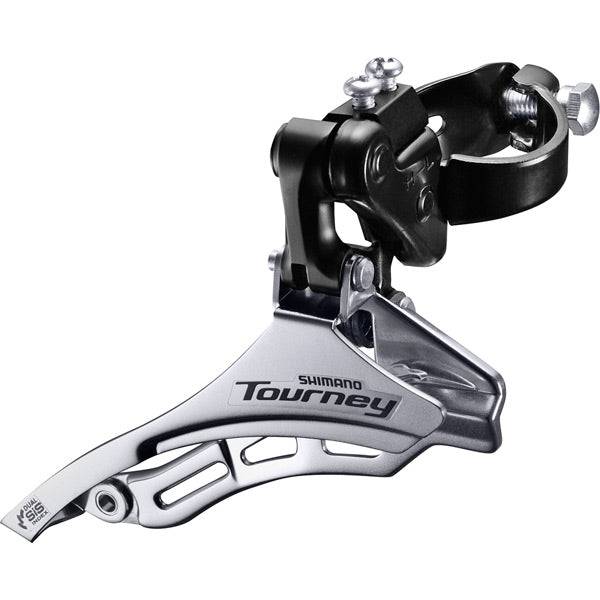 Shimano Tourney FD-TY300 front derailleur for MTB, 6/7 speed, triple chainrings, 31.8mm clamp, black component.