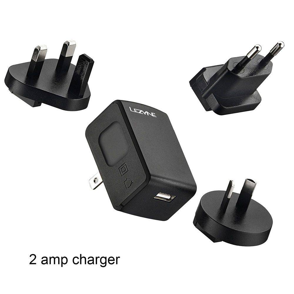 Lezyne International 2A USB charging kit with worldwide plug adapters for LED bike lights, accessories for convenient charging.