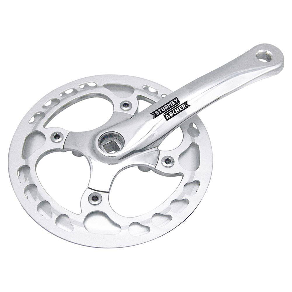 Sturmey Archer FCS74 single crankset for track cycling with removable chainrings, shown with polished metal finish and mounting hardware.