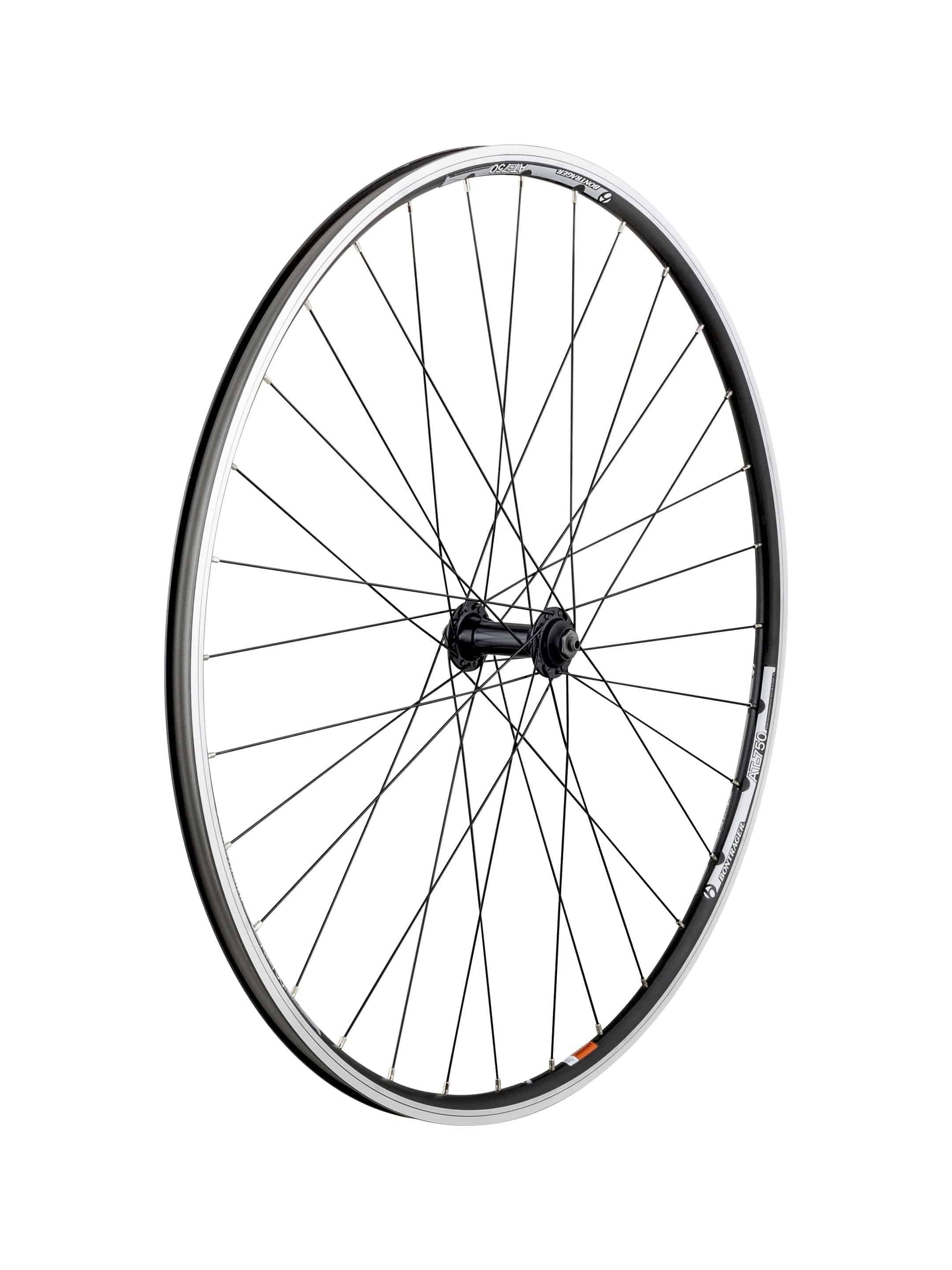 Bontrager AT-750 quick-release 700c front hybrid wheel in black with no cassette, suitable for bike components.