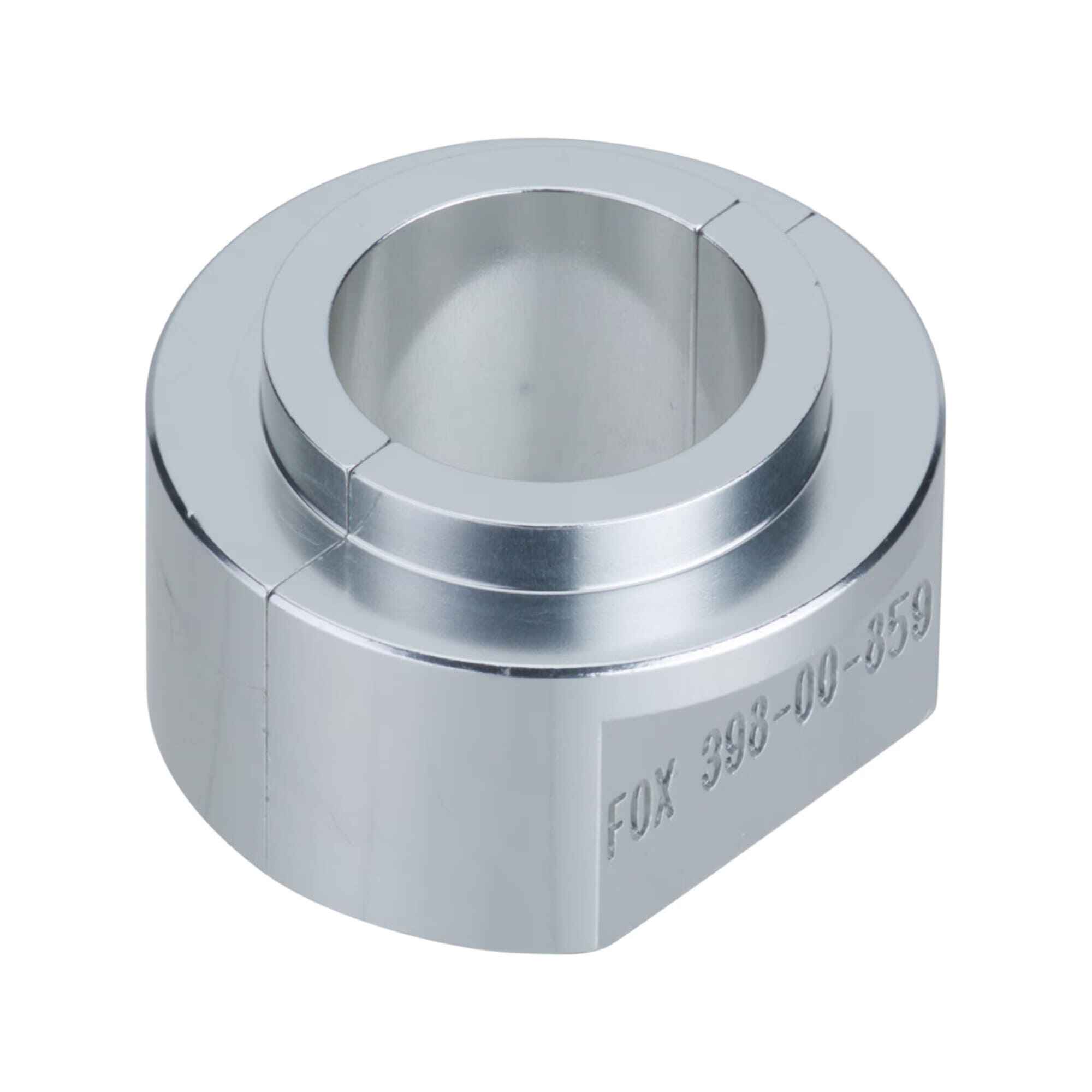 Fox Shox upper bushing installer transfer for rear shock maintenance, showing the tool used for installing bushings in Fox suspension components.