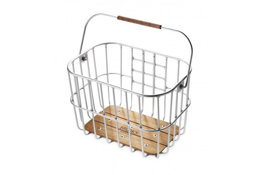 Brooks Hoxton Silver bike basket with wooden base and Klickfix mounting system, accessories for bike storage and commuting.