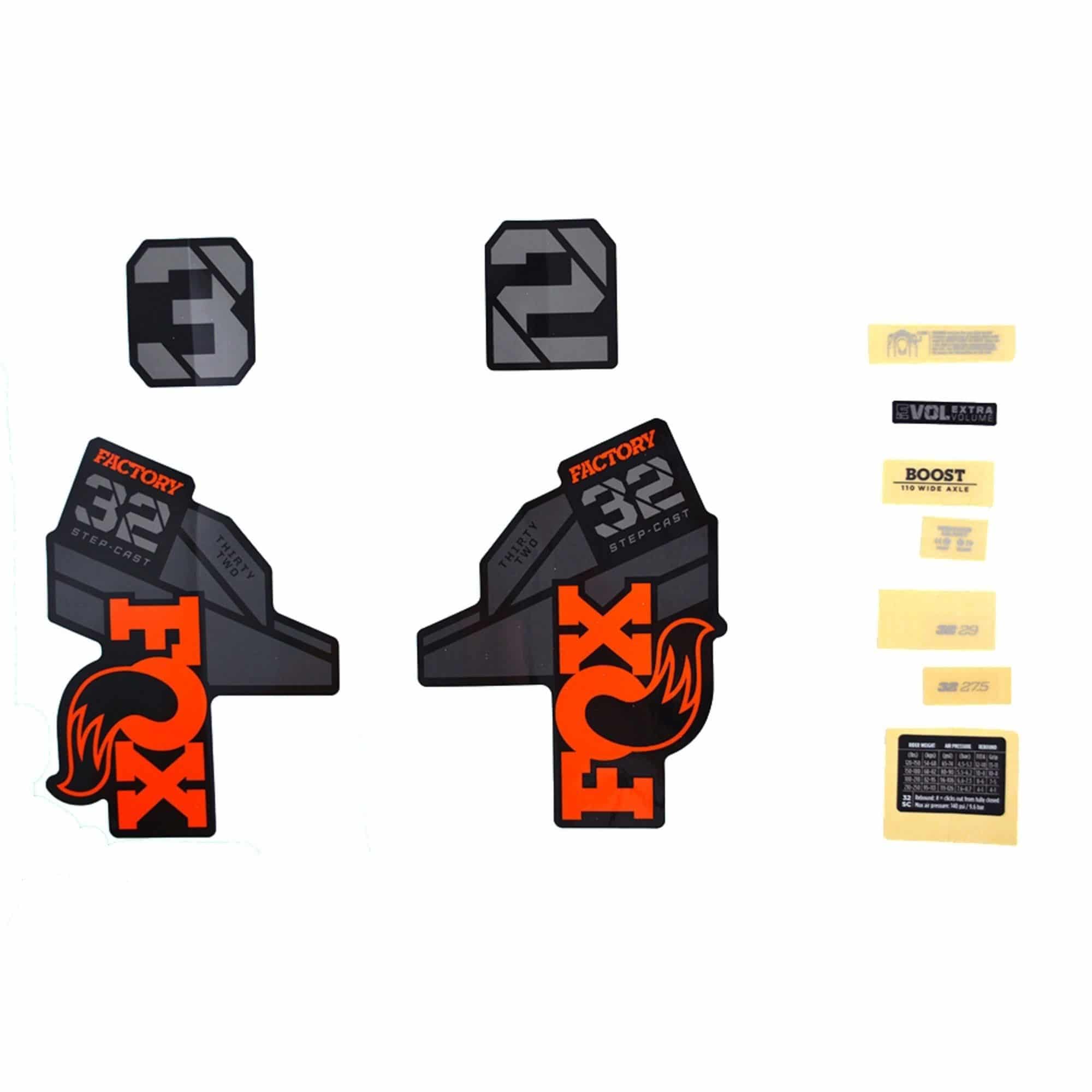 Fox Fork 32 Decal Kit: Sc F-S Black Logo Shiny Orange 2021 Spares & Accesories | Swinnerton Cycles