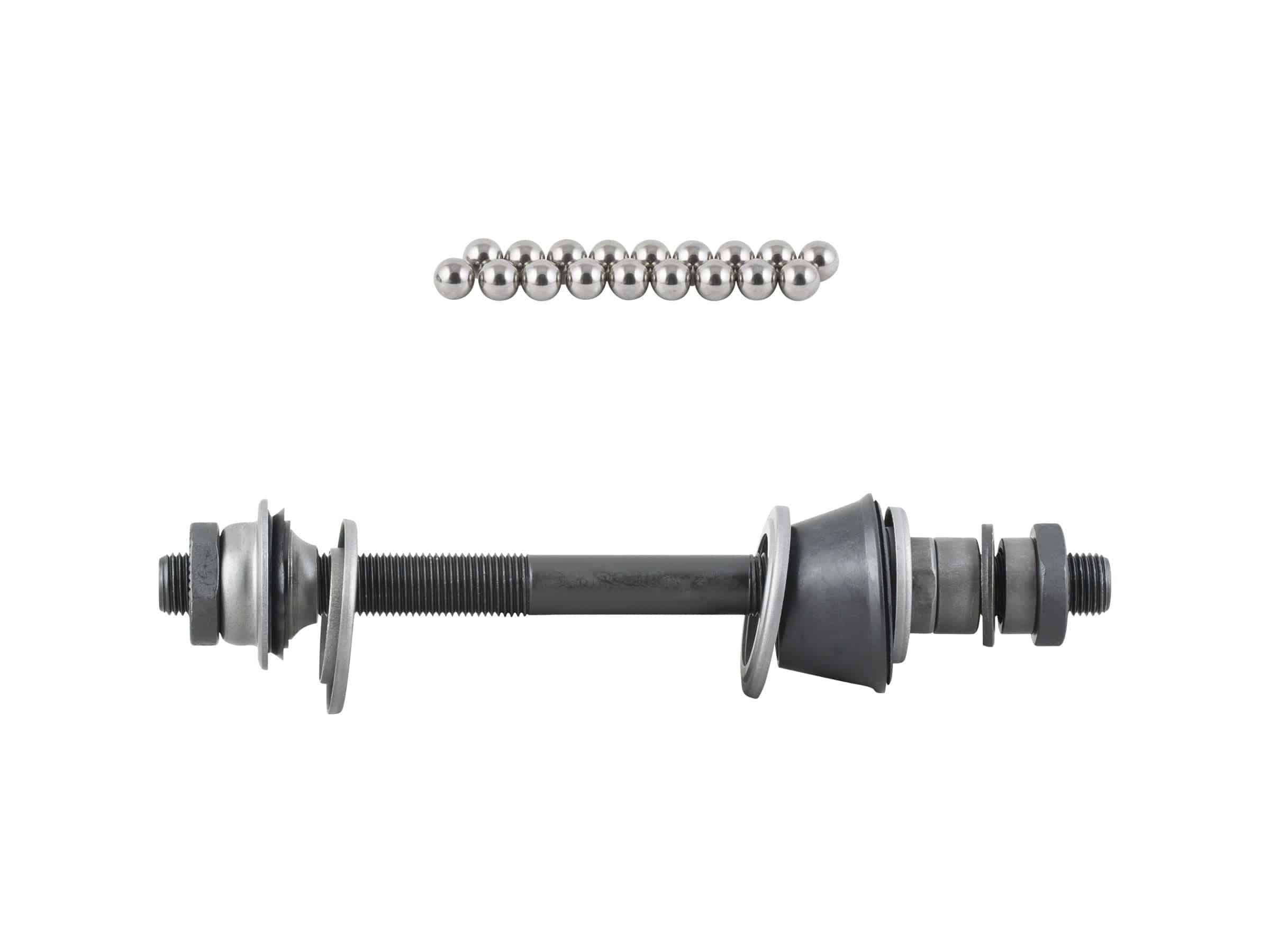 Trek Bontrager Approved loose ball road rear hub axle kit in silver and black, 135mm old length, for bike component replacement.