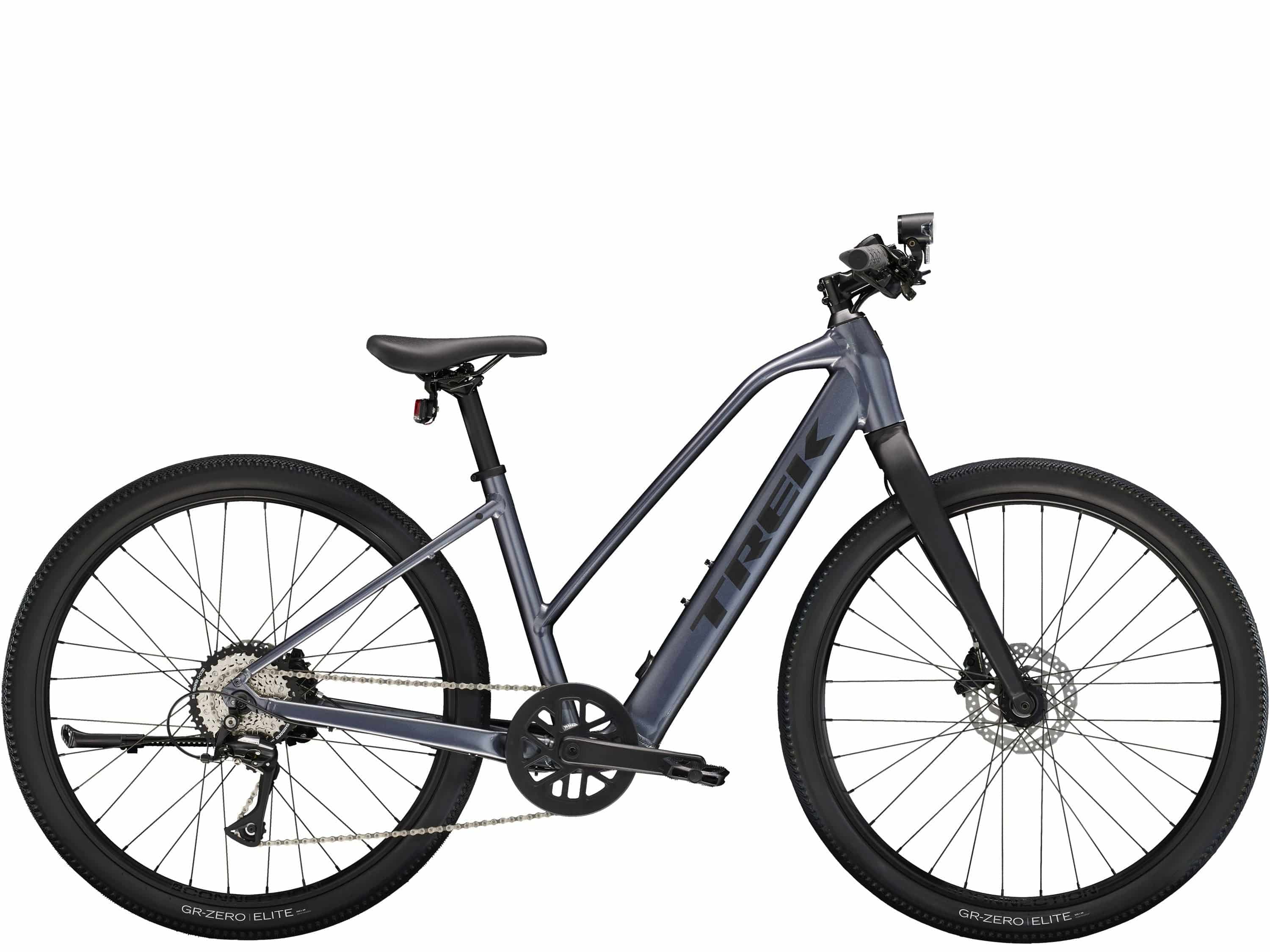 Trek Dual Sport+ 2 Stagger LT 2025 women's electric hybrid bike with low-step frame, suitable for commuting and off-road riding.
