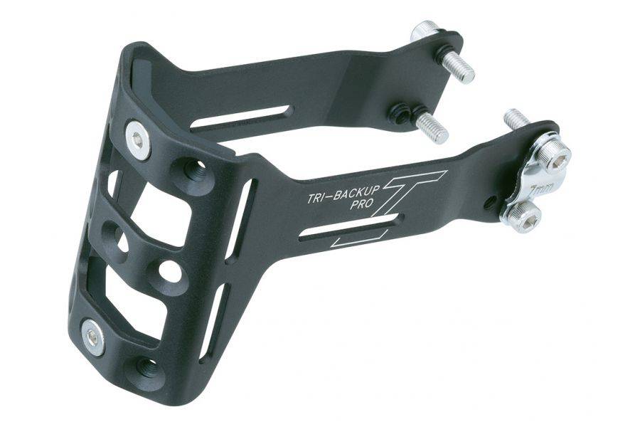 Topeak Tri-Backup Pro adjustable bike saddle and hydration bottle cage mount, accessory for bike storage and hydration.