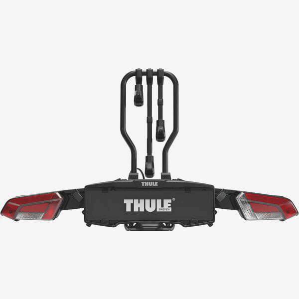 Thule EasyFold 3-Bike tow bar carrier with AcuTight mechanism and 13-pin connector, designed for secure bike transport.