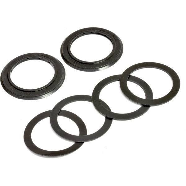 Wheels Manufacturing PF30 bottom bracket spacer pack with silicone dust seals for 30mm bike components, shown with spacers and seals.
