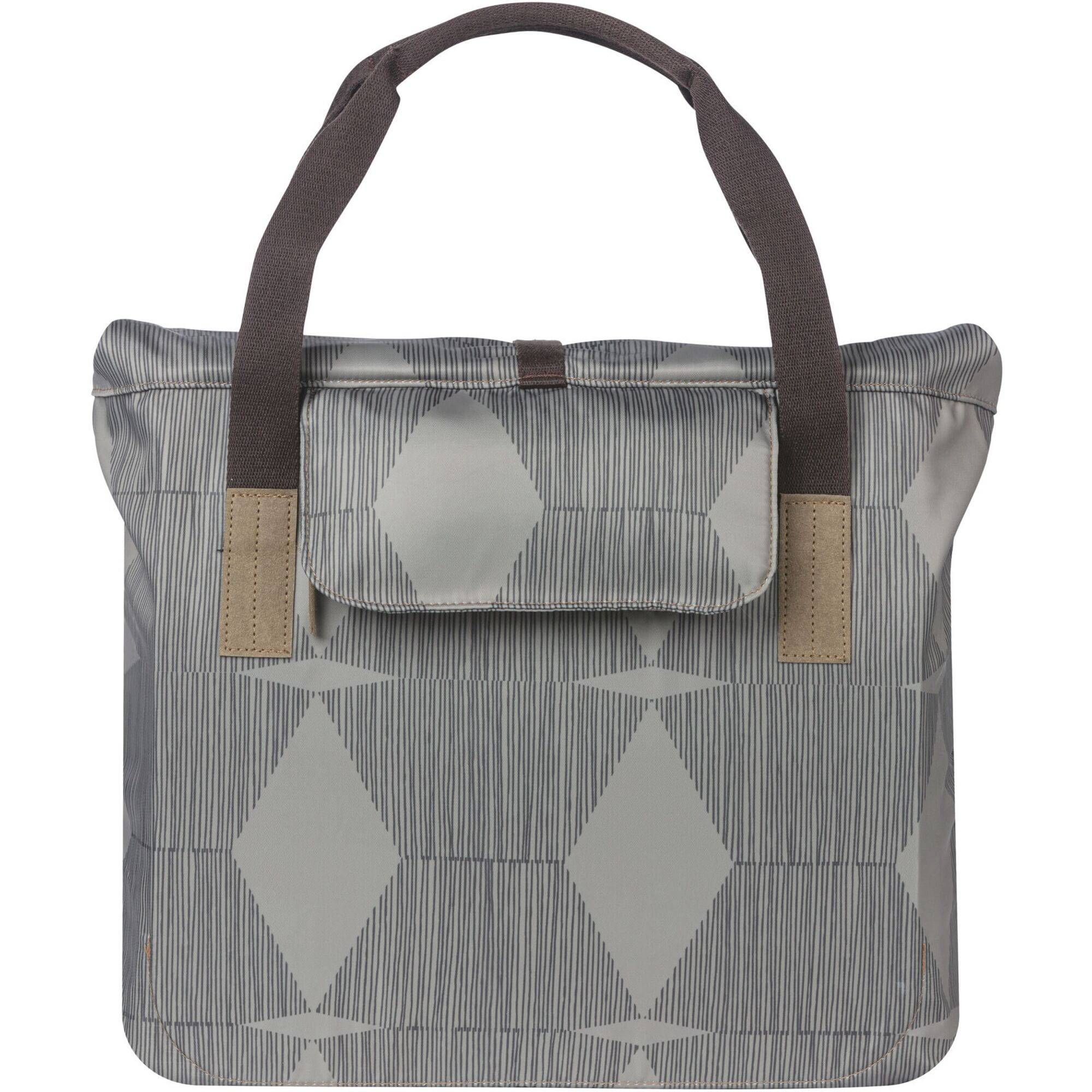 Basil Elegance bicycle shopper bag in Chateau Taupe with hook-on system, showing the adjustable strap and spacious interior.