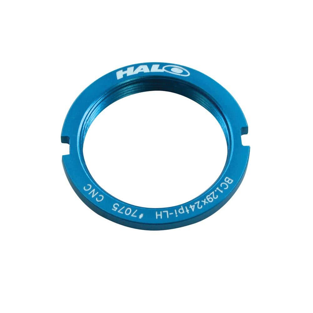 CNC machined Halo alloy track lockring sprocket for fixed gear bike components, showcasing a sleek silver finish.