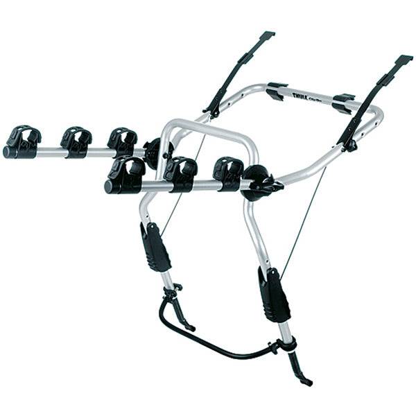 Thule 9103 ClipOn 3-bike rear carrier for hatchback vehicles with secure frame holders, shown mounted on a vehicle.