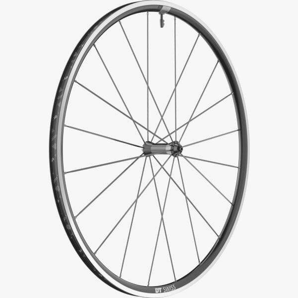 DT Swiss P 1800 SPLINE front clincher wheel with 23x18mm tubeless-ready design for road bikes, showcasing sleek black rims and spokes.