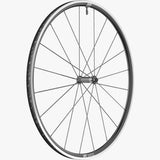 DT Swiss P 1800 SPLINE front clincher wheel with 23x18mm tubeless-ready design for road bikes, showcasing sleek black rims and spokes.
