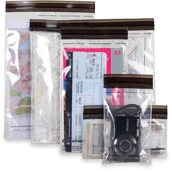 Lifeventure DriStore waterproof touchscreen-compatible bag for valuables, IPX8 rated, shown with sleek design and secure closure.