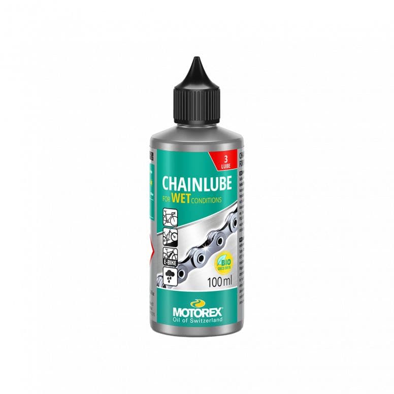 Motorex Wet Conditions Chain Lube in silver and green, 100ml, biodegradable bike lubricant for wet, muddy riding conditions.