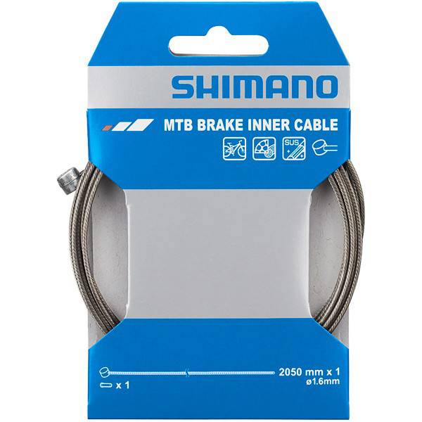 Shimano MTB stainless steel inner brake wire for XTR brakes, 1.6 x 2050 mm, showing the coiled metal cable on a white background.
