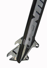Identiti Rebate Jump 10mm MTB dirt jump forks with disc brake mounts, featuring a sleek black design and sturdy construction.