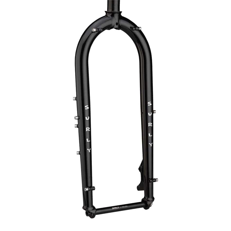 Black Surly Wednesday chromoly steel rigid bike fork with 15mm thru axle and IS disc brake mount, designed for mountain or touring bikes.