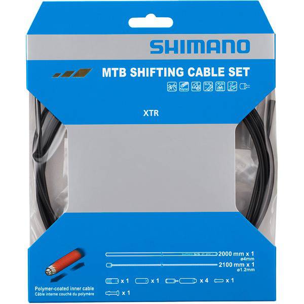Shimano MTB rear gear cable set with polymer-coated stainless steel inner cable in black, for mountain bike shifting components.