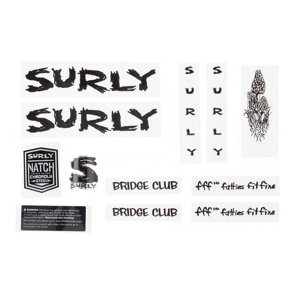 Surly bike decals and accessories for frames, custom replacement spares, displayed on a bicycle component.