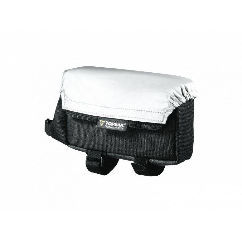 Black and silver Topeak large tri bike bag with rain cover mounted on top tube, designed for bike accessories storage.