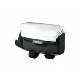 Black and silver Topeak large tri bike bag with rain cover mounted on top tube, designed for bike accessories storage.