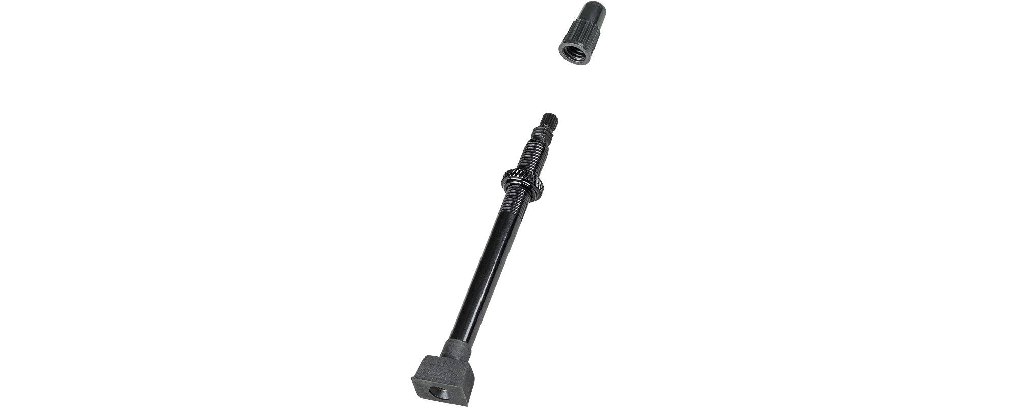 Black Bontrager rectangular base TLR tubeless valve stem for bicycle wheels, component designed for secure, airtight fit.