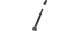 Black Bontrager rectangular base TLR tubeless valve stem for bicycle wheels, component designed for secure, airtight fit.