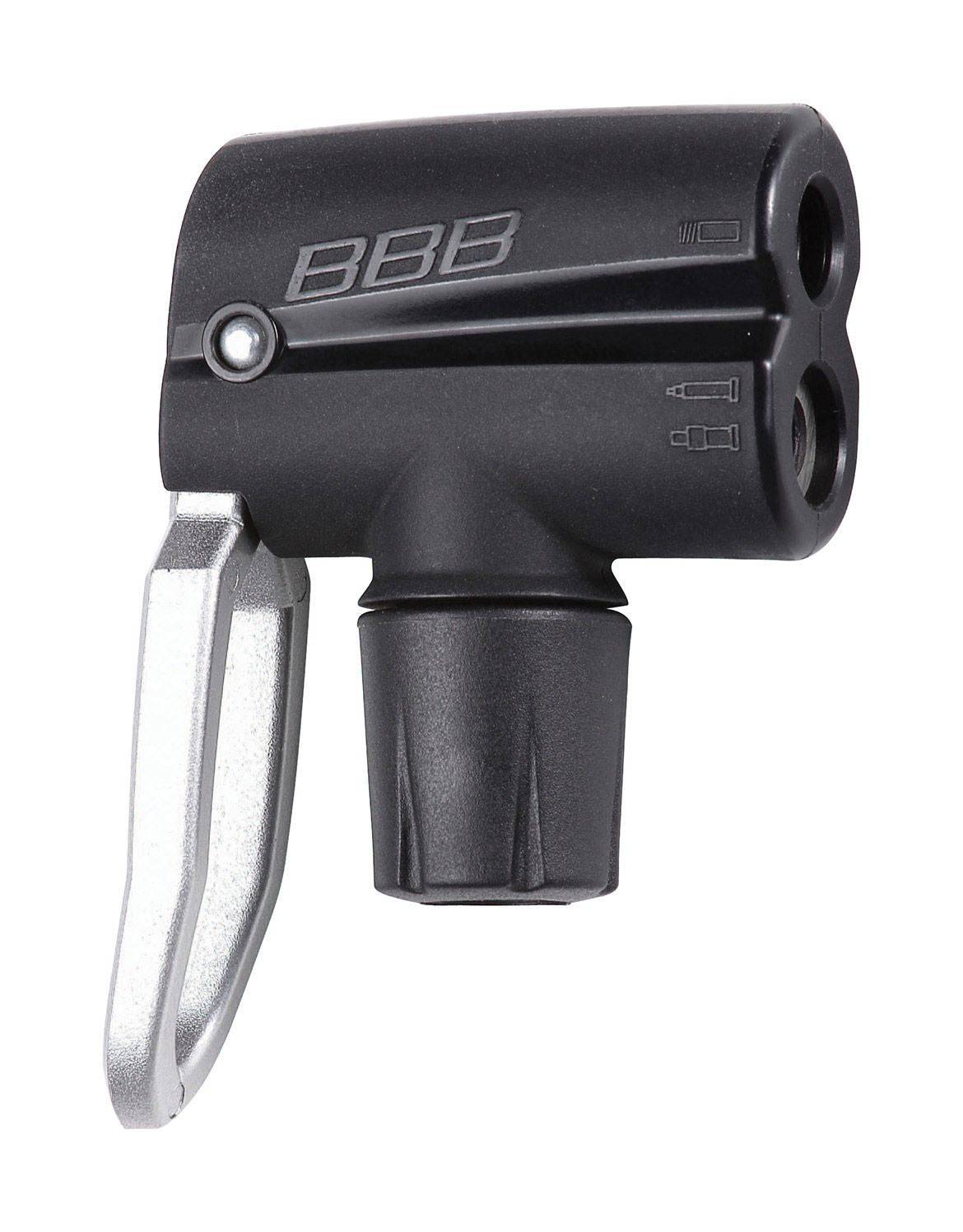 BBB BFP-93 DualHead 2.0 pump head for floor pumps, compatible with Presta and Schrader valves, shown attached to a bicycle pump.