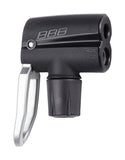 BBB BFP-93 DualHead 2.0 pump head for floor pumps, compatible with Presta and Schrader valves, shown attached to a bicycle pump.