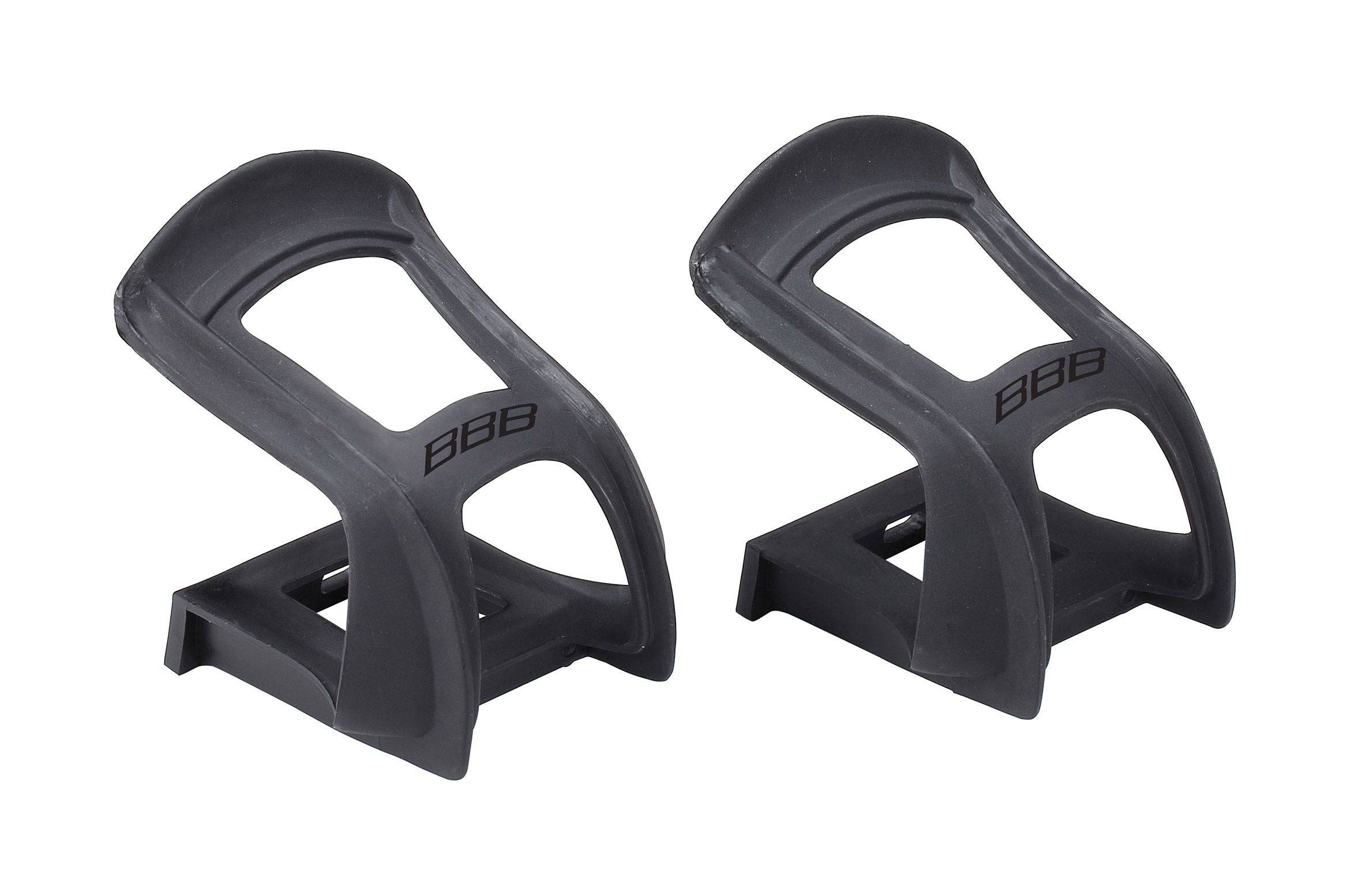 BBB BPD-95 NoseTight M strapless toe clips for BBB bike pedals, shown attached to pedal with secure toe strap design.