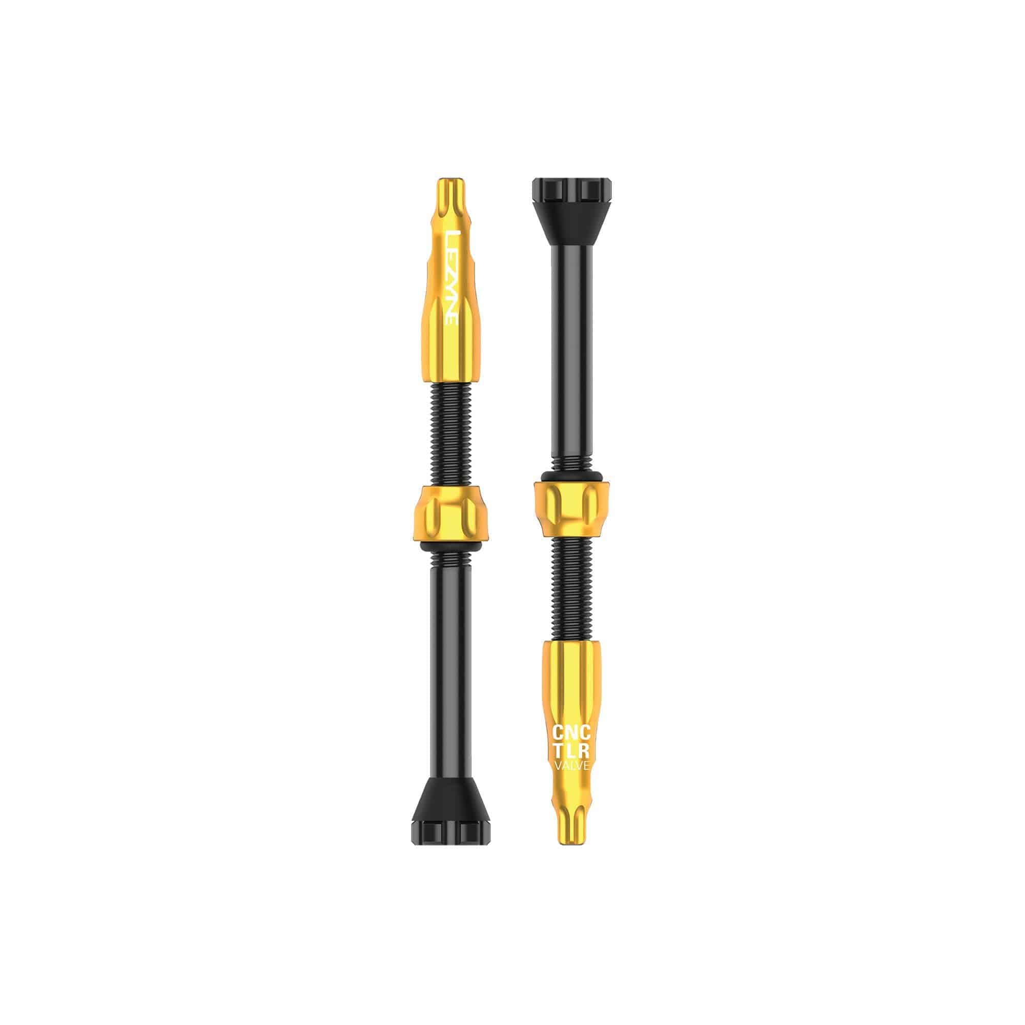 Lezyne CNC TLR tubeless valve pair with 60mm length and integrated valve core tool for bike wheel tubeless setups.
