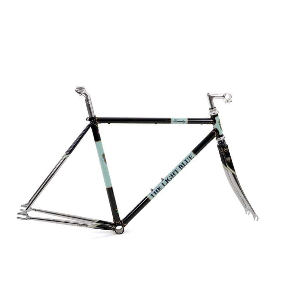 Light Blue Sport Trinity track frameset in light blue, featuring Reynolds 531 steel tubing and a classic design for cycling components.