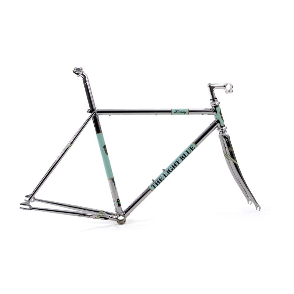 Light Blue Sport Trinity track frameset with Reynolds 531 steel tubing, featuring a classic light blue sport design.