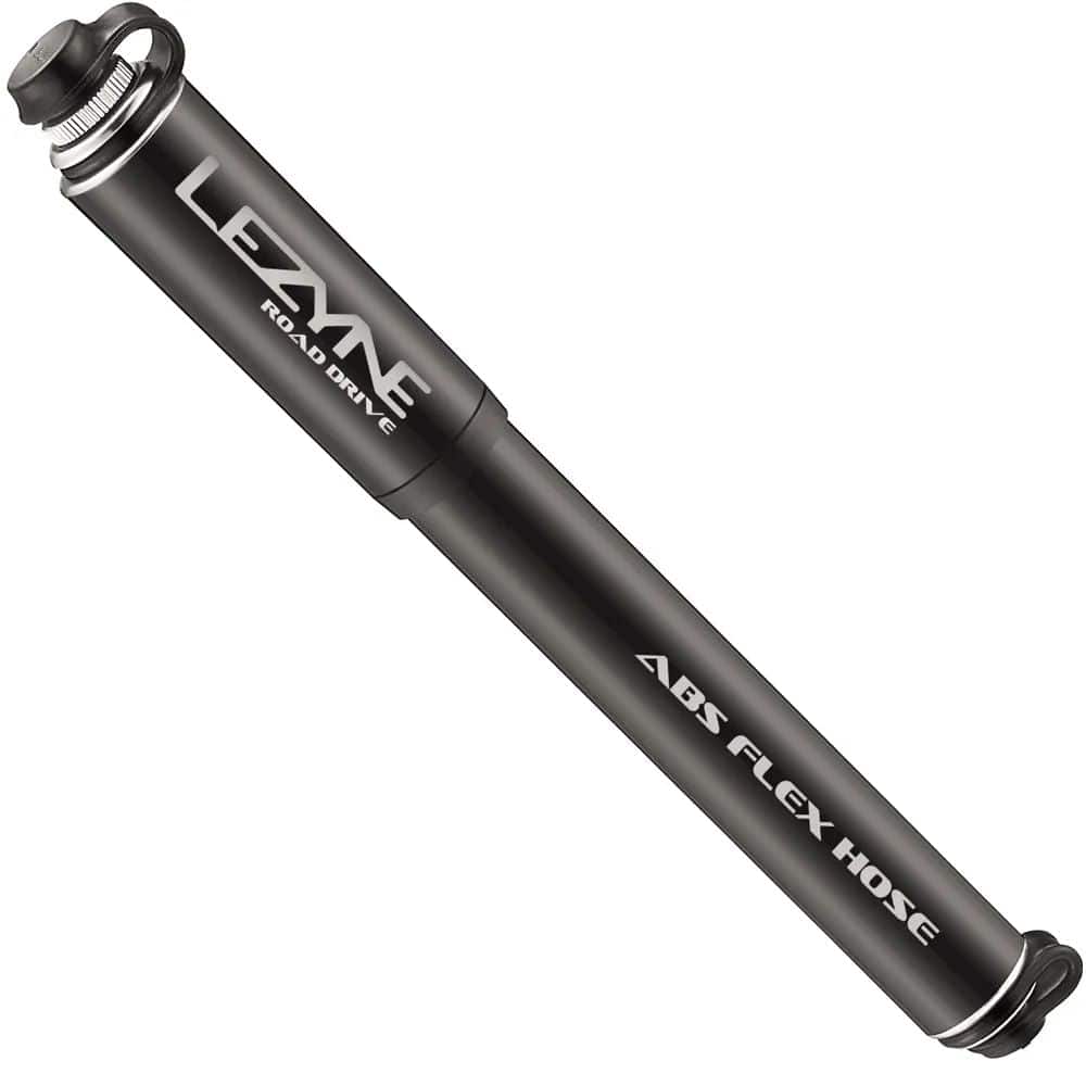 Lezyne Road Drive Compact Hand Pump with ABS Speed Flex Hose for road bike tires, capable of 160psi pressure.