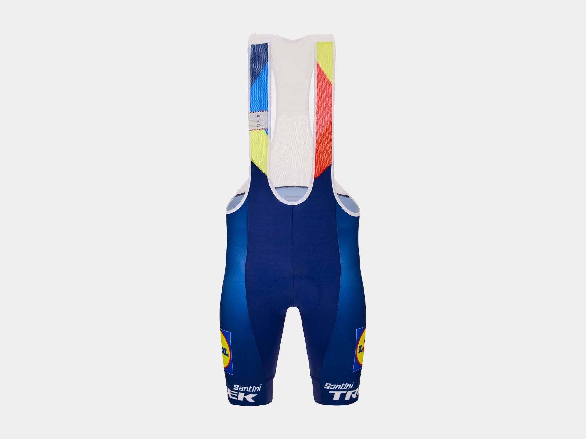 Santini Lidl-Trek replica unisex racing bib shorts for cycling, featuring padded design and breathable fabric for comfort.