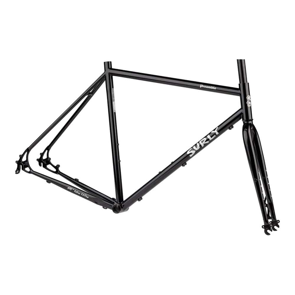 Surly Preamble black road and gravel frameset with disc brake mounts, shown from side view highlighting frame details.