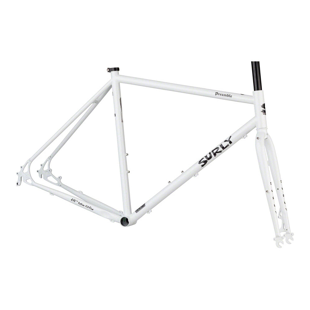 Surly Preamble white road and gravel bike frameset with disc brake mounts and rack mounts, designed for versatile cycling.