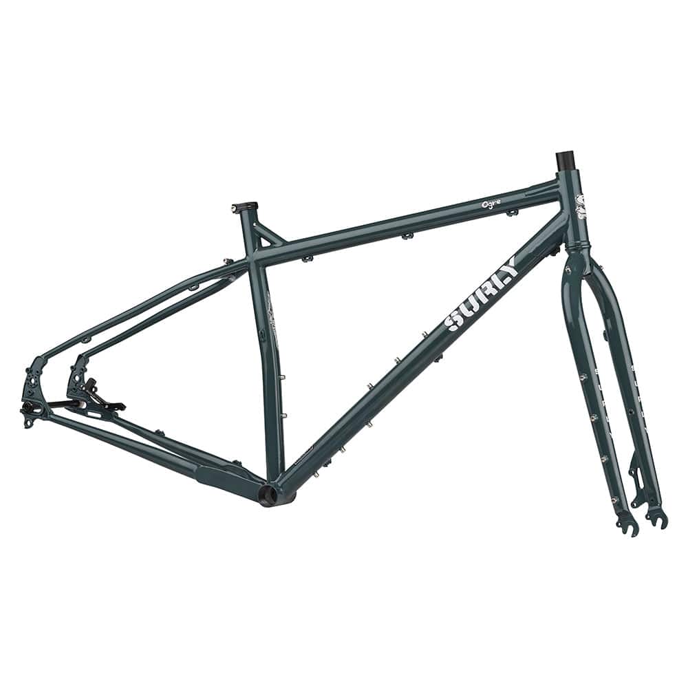 Surly Ogre 29-inch bike frameset in dark gray, versatile mountain and commuter bike frame with disc brake mounts and durable components.