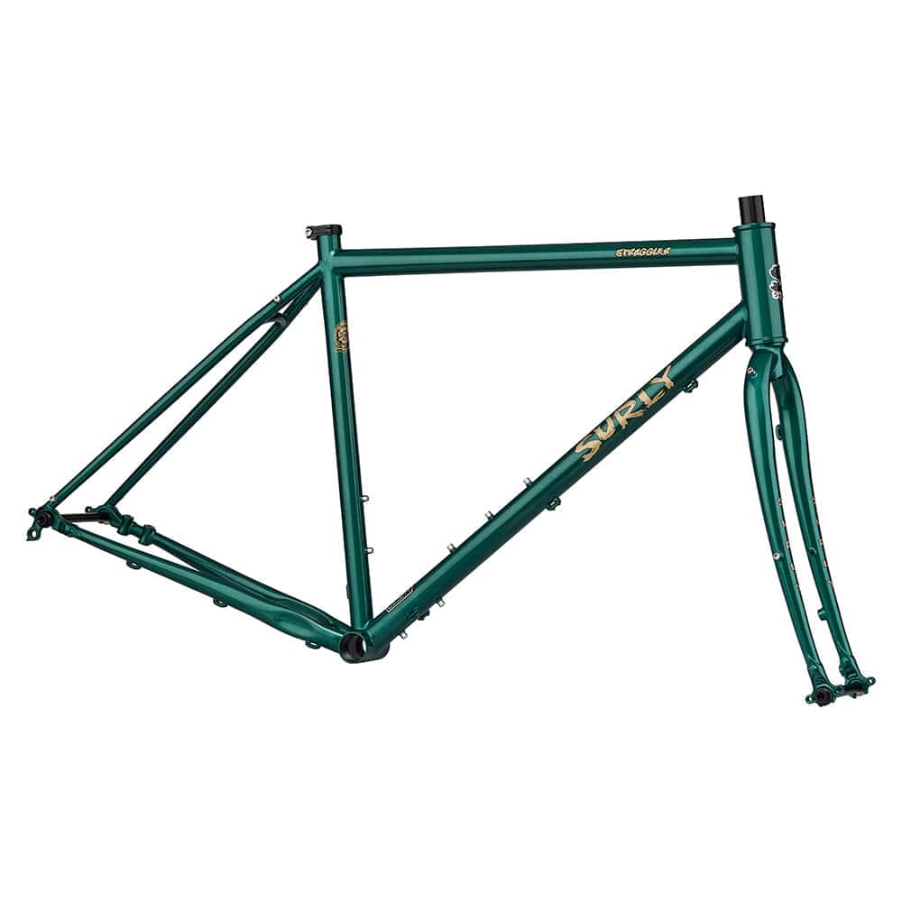 Green Surly Straggler gravel bike frameset with rack mounts, designed for mixed-terrain cycling and durable bike components.