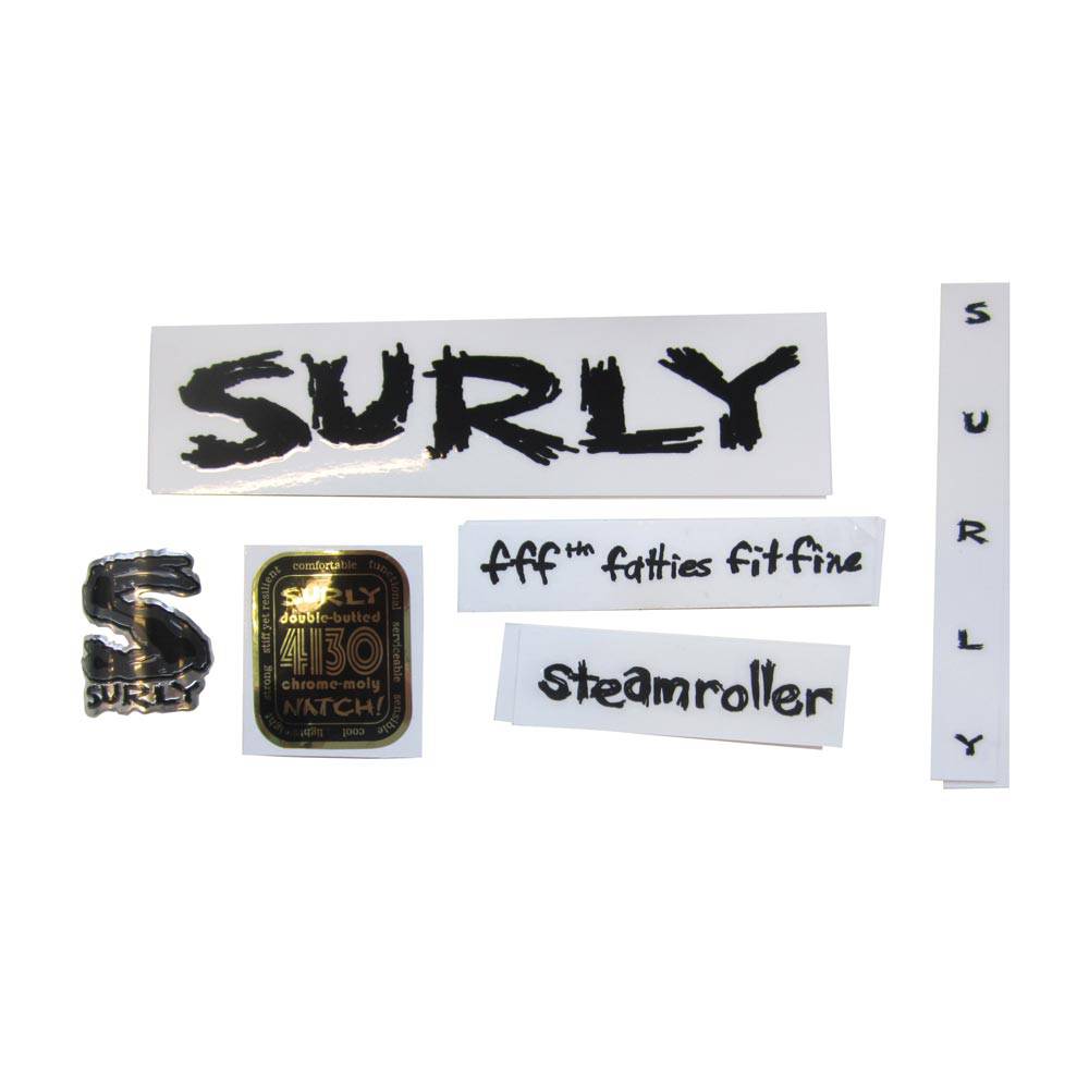 Surly bike frame decal kit with headbadge for customization and restoration, featuring black and white logo designs on components.