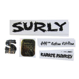 Surly bike frame decal kit with headbadge for customizing and restoring Surly bicycles, featuring detailed stickers and branding elements.
