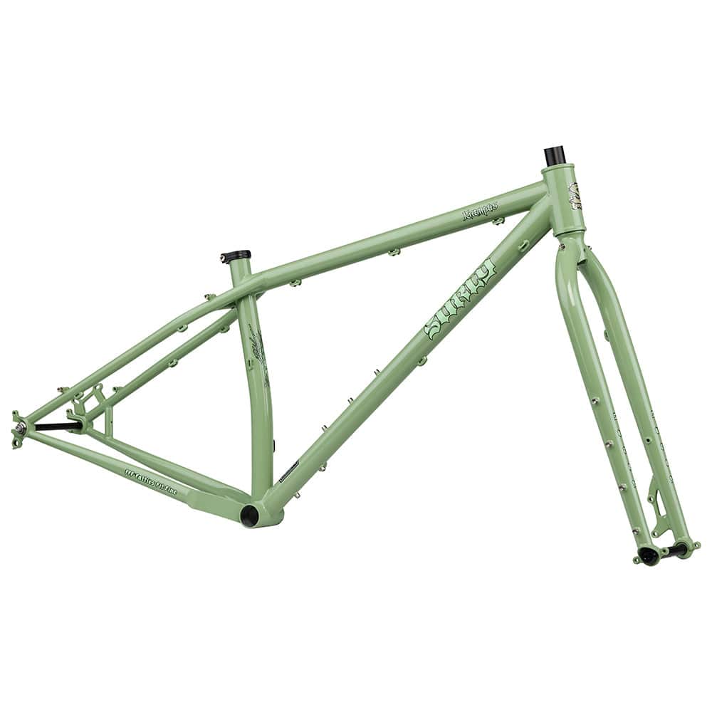 Surly Krampus 29+ mountain bike frameset in sage color with disc brake mounts, designed for off-road biking and durability.