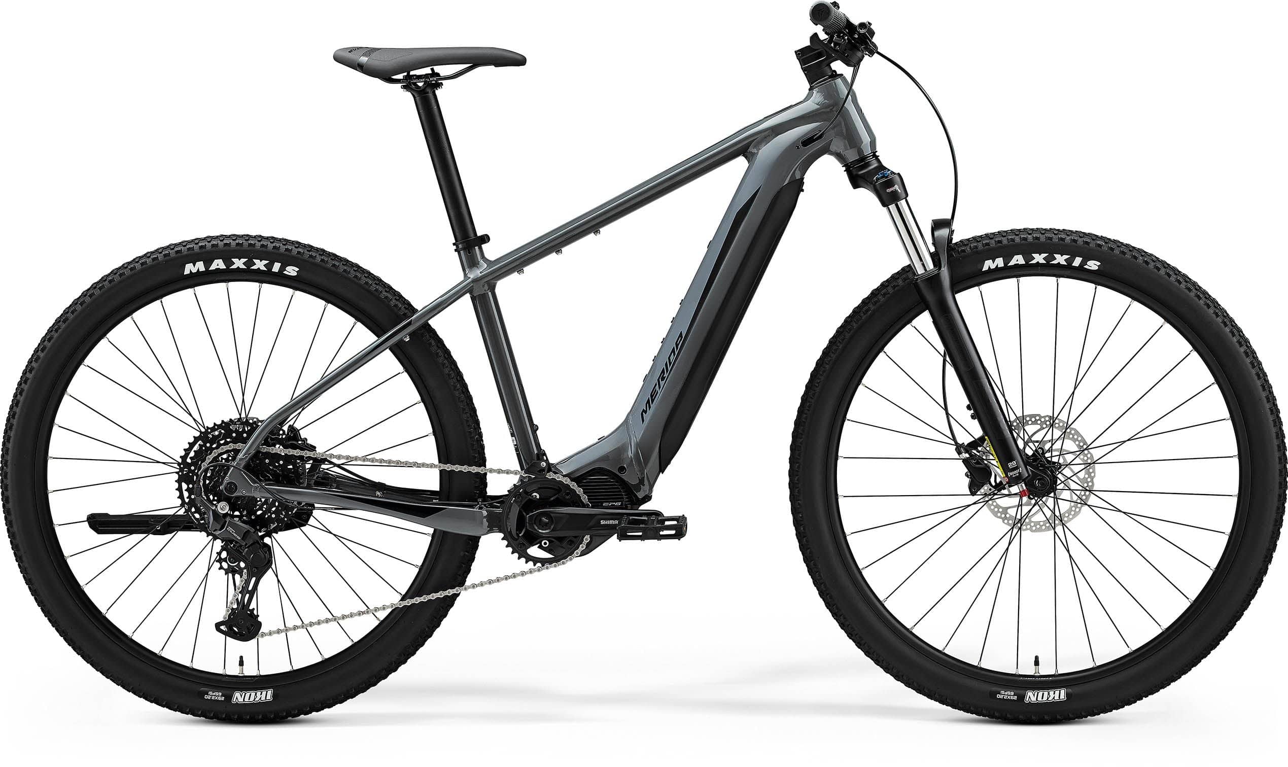Merida eBig Nine 400 MY24 e-Mountain Bike in gray and black with Shimano EP6 motor, showcasing the bike's frame and components.