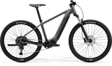 Merida eBig Nine 400 MY24 e-Mountain Bike in gray and black with Shimano EP6 motor, showcasing the bike's frame and components.