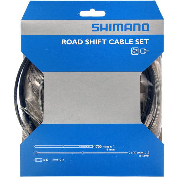 Shimano road bike gear cable set with steel inner wire and black SIS outer casing, component for smooth shifting.