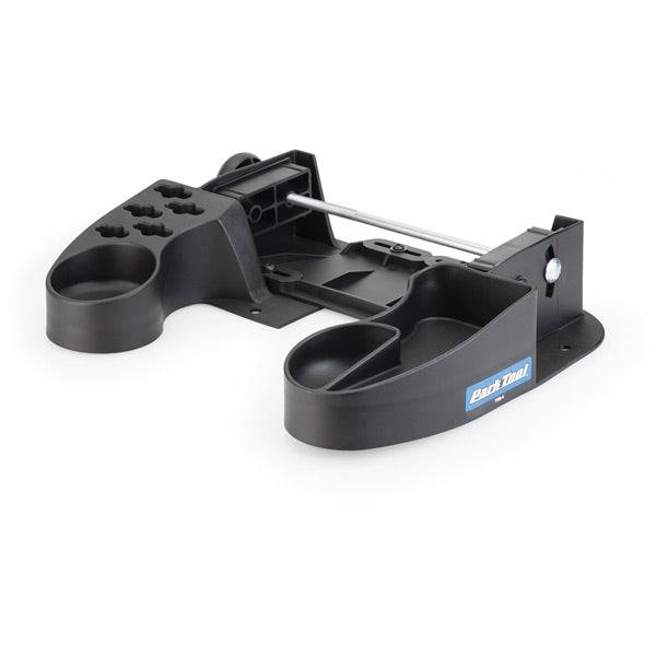Park Tool TSB-4 tilting truing stand base for TS-4 professional wheel truing stand in a workshop setting
