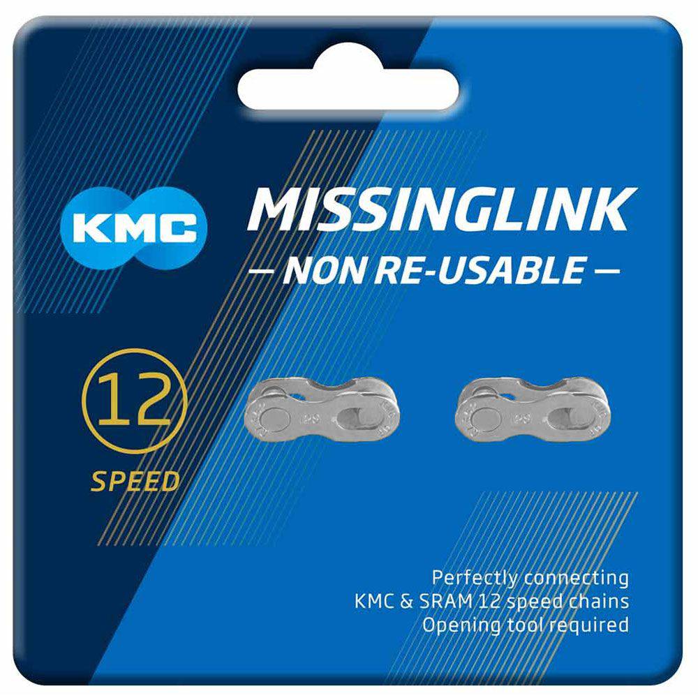 KMC Missinglink 12-speed silver chain joining links, non-reusable, two-pack for bike chain spares and accessories.