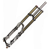 X-Fusion XF 20mm bolt-style axle for RV1 and metric forks with 20mm dropouts, shown installed on a bicycle fork.
