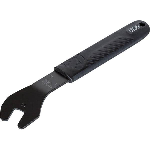 PRO workshop 15 mm pedal spanner wrench with rubber grip for bike pedal removal, showing the tool's handle and wrench head.